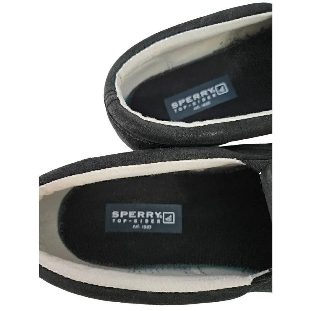 Sperry Top Sider black leather slip on shoes. Size 8.5.